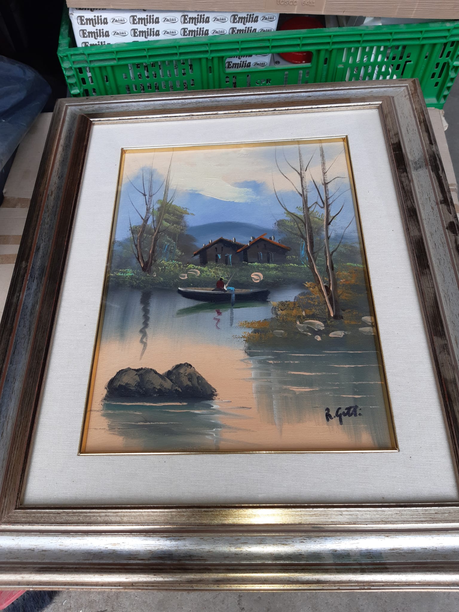Lake and cabin painting